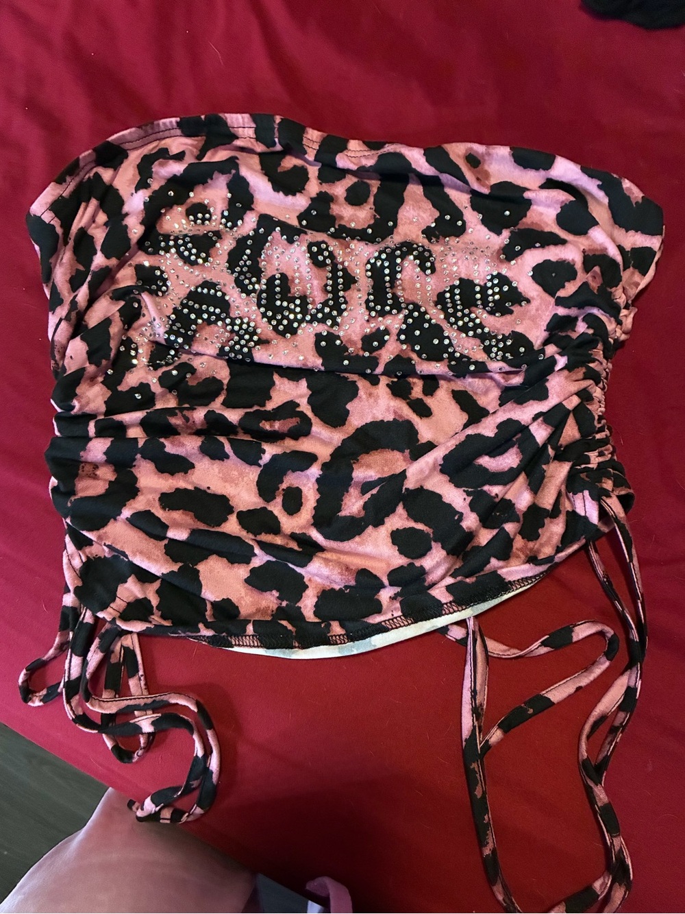 SHEIN Pink and Black Leopard Print Rhinestone Tube Top